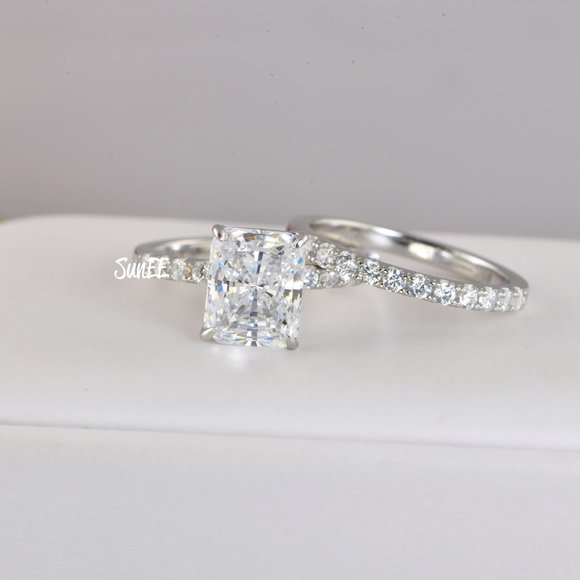 NEW RADIANT DIAMOND CUT WEDDING RINGS ENGAGEMENT RING SET - Picture 8 of 11